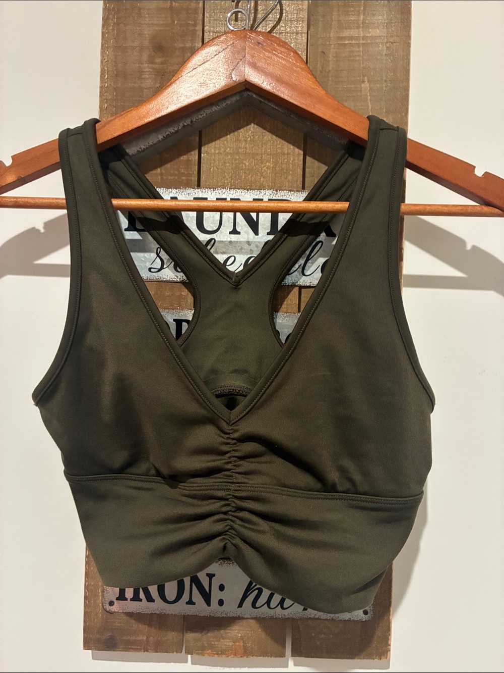 ALO Yoga Olive Green Ruched V-Neck Sports Bra